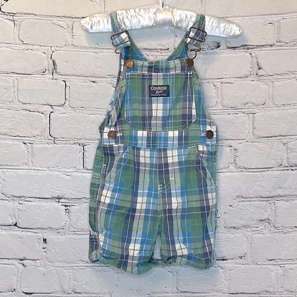 OshKosh B’Gosh Blue Green Plaid Short Overalls Boy’s Size 18 Months